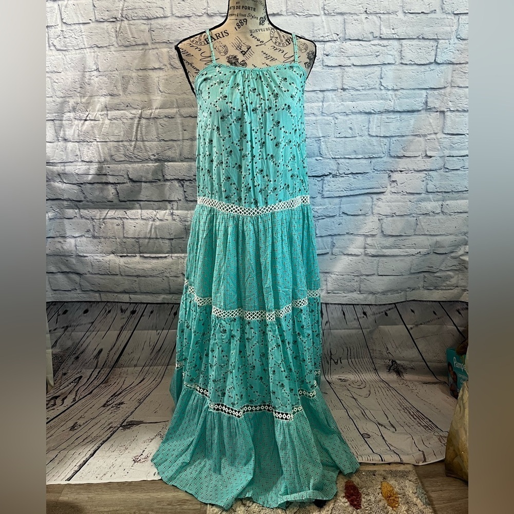 Debbie Katz South Beach Aqua Lily Maxi Dress NWT Tiered Spaghetti Straps Small